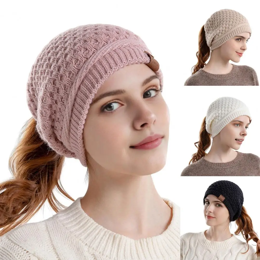 

Solid Color Stretchy Knit Beanie Cozy Knitted Women's Ponytail Beanie for Outdoor Activities Warm Ear Hat for Camping