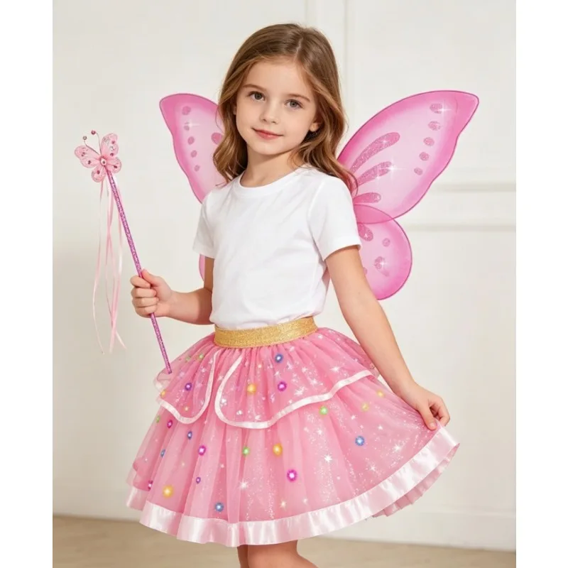 Children Pink Butterfly Sparkly Fairycore Princess Style Tutu Dress Wings And A Magic Wand Versatile For Kid Holiday Party Wear