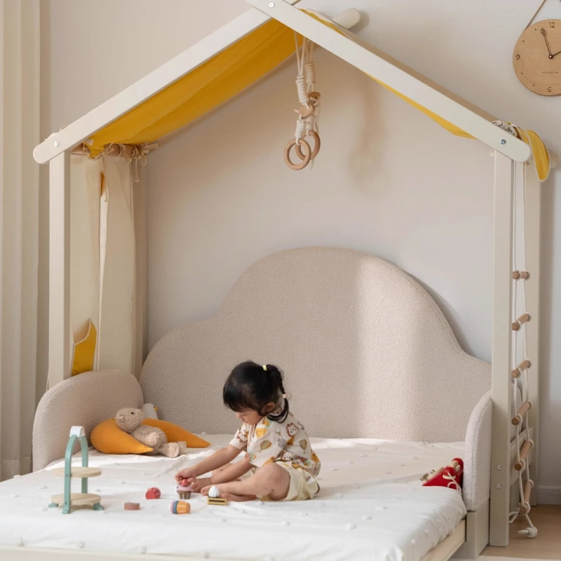 

Solid wood children's bed telescopic bed pulling clouds Montessori platform house tree house