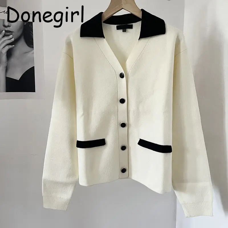 

Donegirl 2023 New Women Fashion Solid V-neck Knitted Sweater Short Cardigans Simple Casual Coat Sweet Commute Tops Chic Female