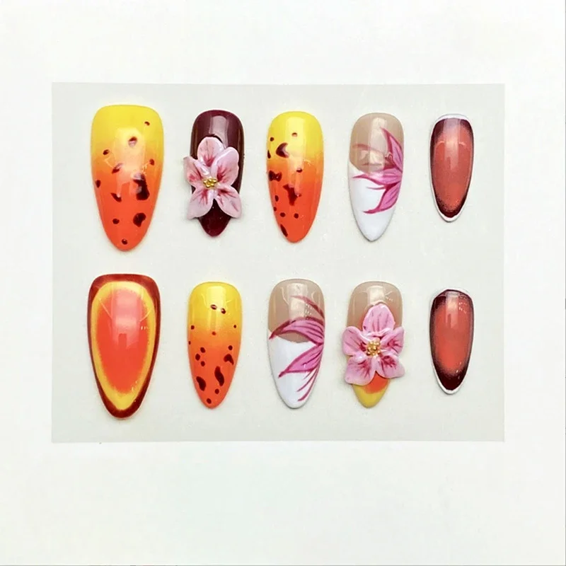 Europe United States Style Press On Nails Handmade Three Dimensional Carving Lily Almond False Nail Patch Removable