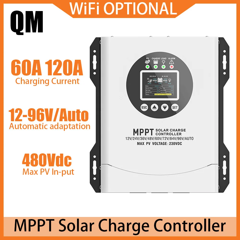 Regolatore di Carica Solare MPPT QM 60/120A, Ingresso Massimo PV 480VDC 12-92V, Regolatore Automatico per Pannelli Solari, WiFi Opzionale