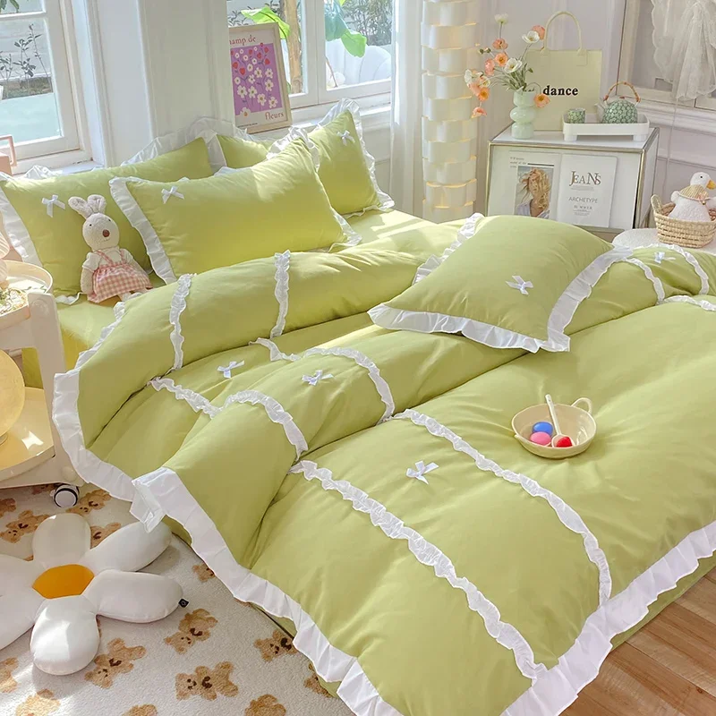 3/4pcs Bed Comforter Bedsheets with Pillows Case Linens Queen Size Bedding Sets 2 Bedrooms Bedspreads 2 Seater Green Children's