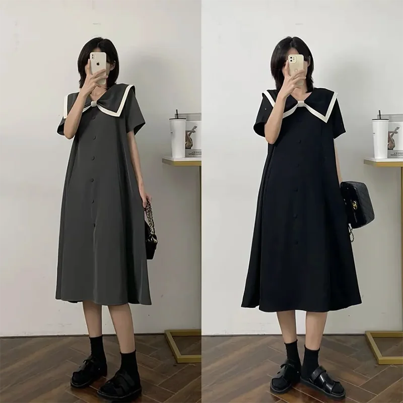 

plus Size Summer Vintage Dress Women's Naval Collar Loose Meat Concealing Knee-Length Short Sleeve Long Dress INS Style Casua...