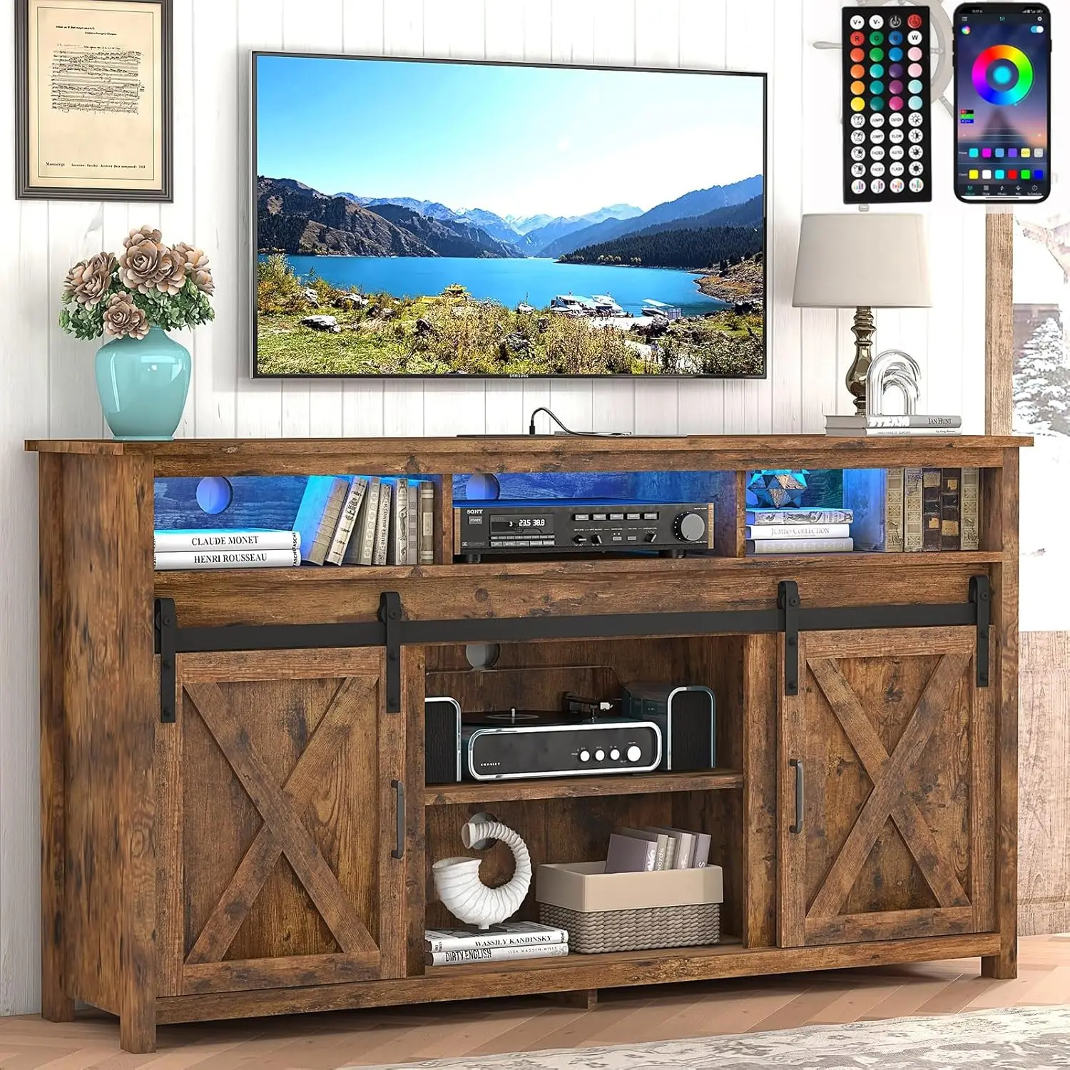 57In Wooden Farmhouse Entertainment Center for 60/65 inch TV,Double Layer Storage Farmhouse TV Stand,Double-Row Sockets