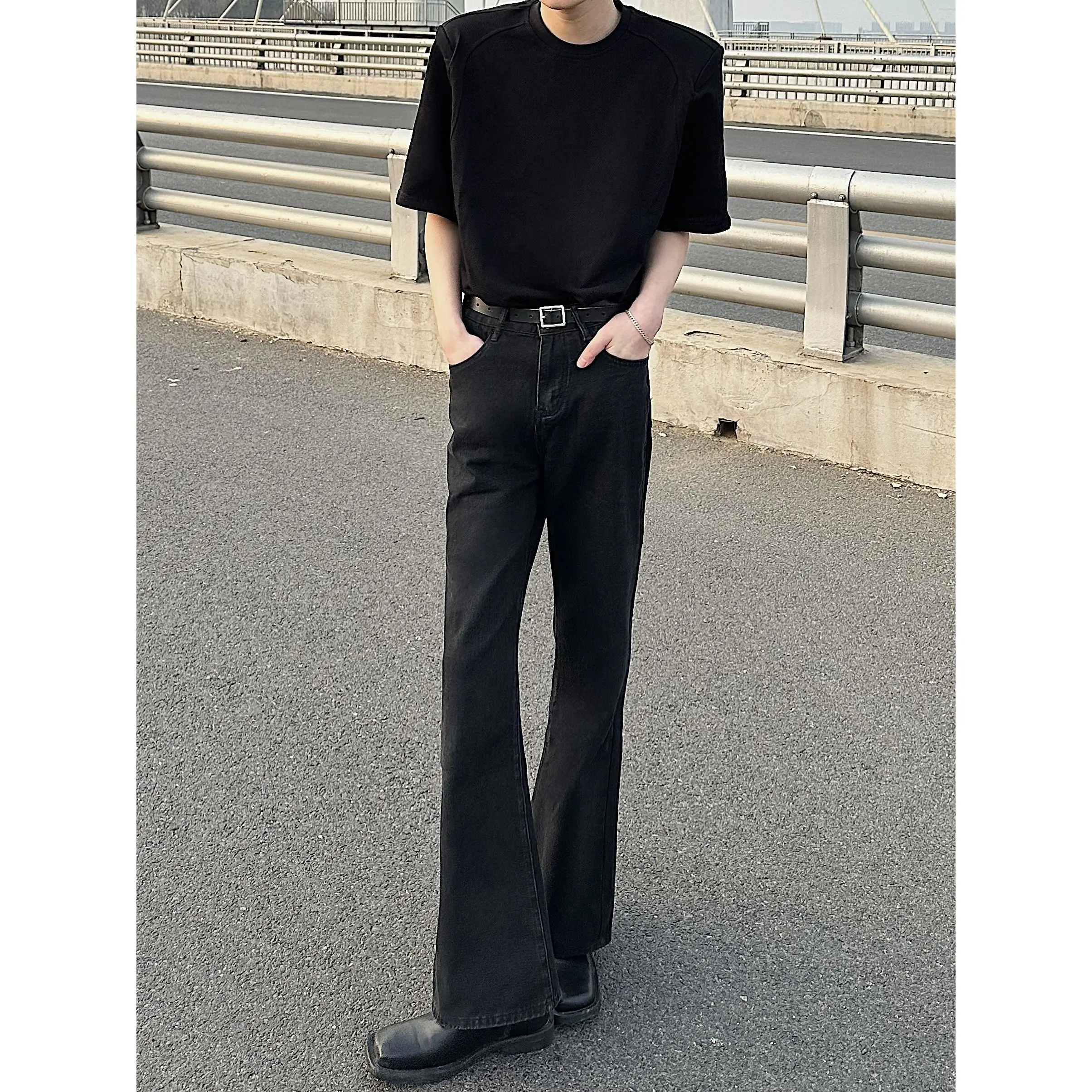 Harajuku Streetwear Washed Vintage Solid Jeans Men\'s Y2K Straight Baggy Full Flare Pants Unisex Solid Casual Denim Trousers F6
