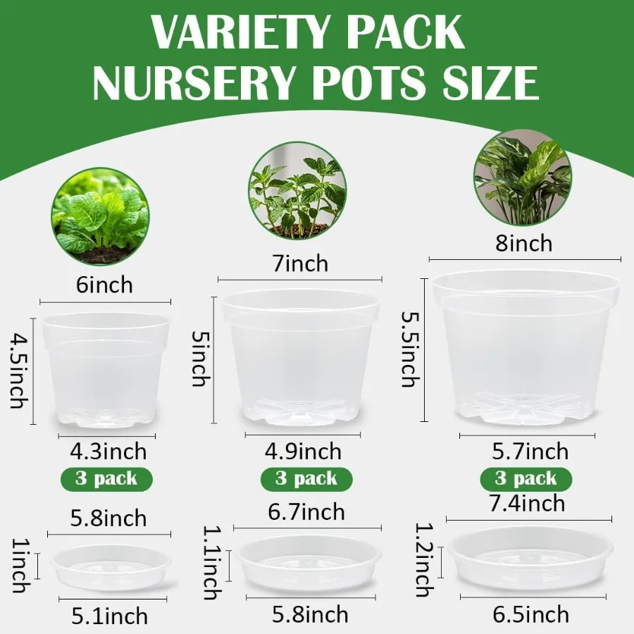 9 عبوات 8 7 6 بوصة أوعية حضانة شفافة للنباتات مع أوعية نباتات بلاستيكية شفافة مع فتحات تصريف شتلات قوية