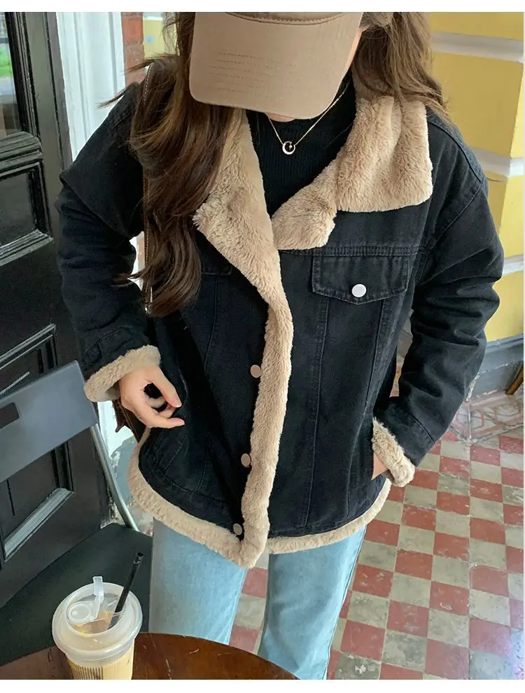 

Denim Coat For Women Long Fur Plush Womens Fall Snap Button Knitting Boho Style Nightclub Gathering Flap Decorative Textured Y2K