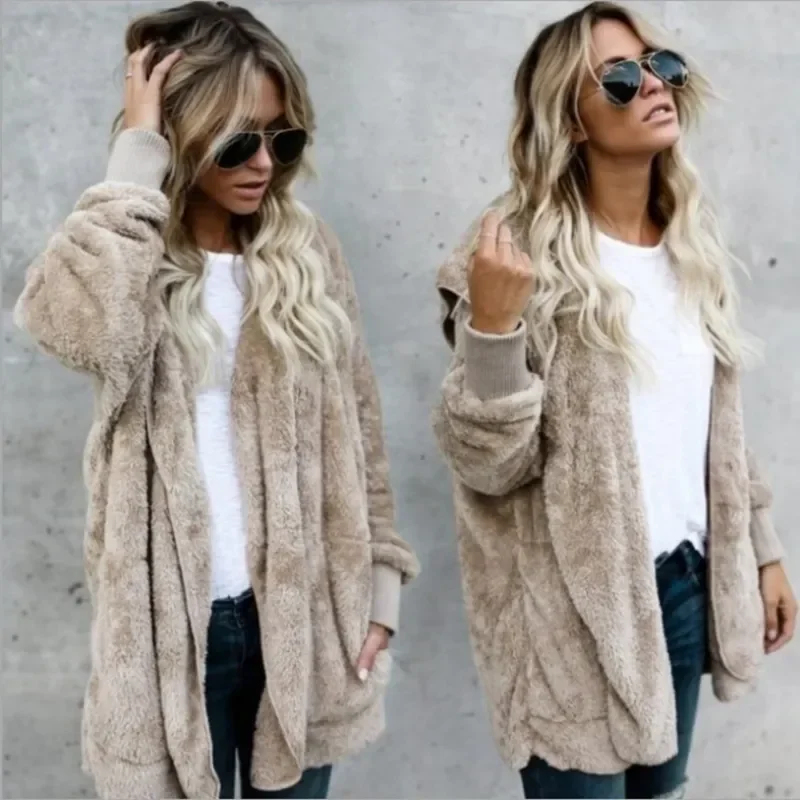 Winter Double Fleece Cardigan Jacket Autumn Women Solid Color Long Sleeve Plush Warm Hooded Lady Jacket Oversized Outerwear Coat