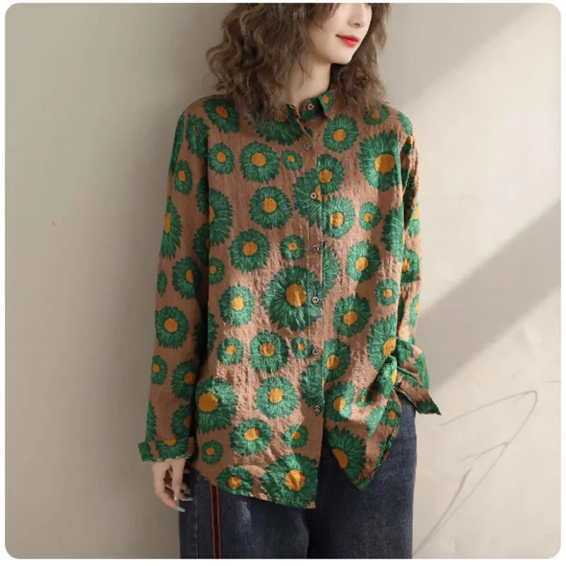 Elegant Women Blouse 2024 Spring Autumn Vintage Temperament Top Long Sleeve Floral Print Lapel Office Slim Thin Fit Female Shirt