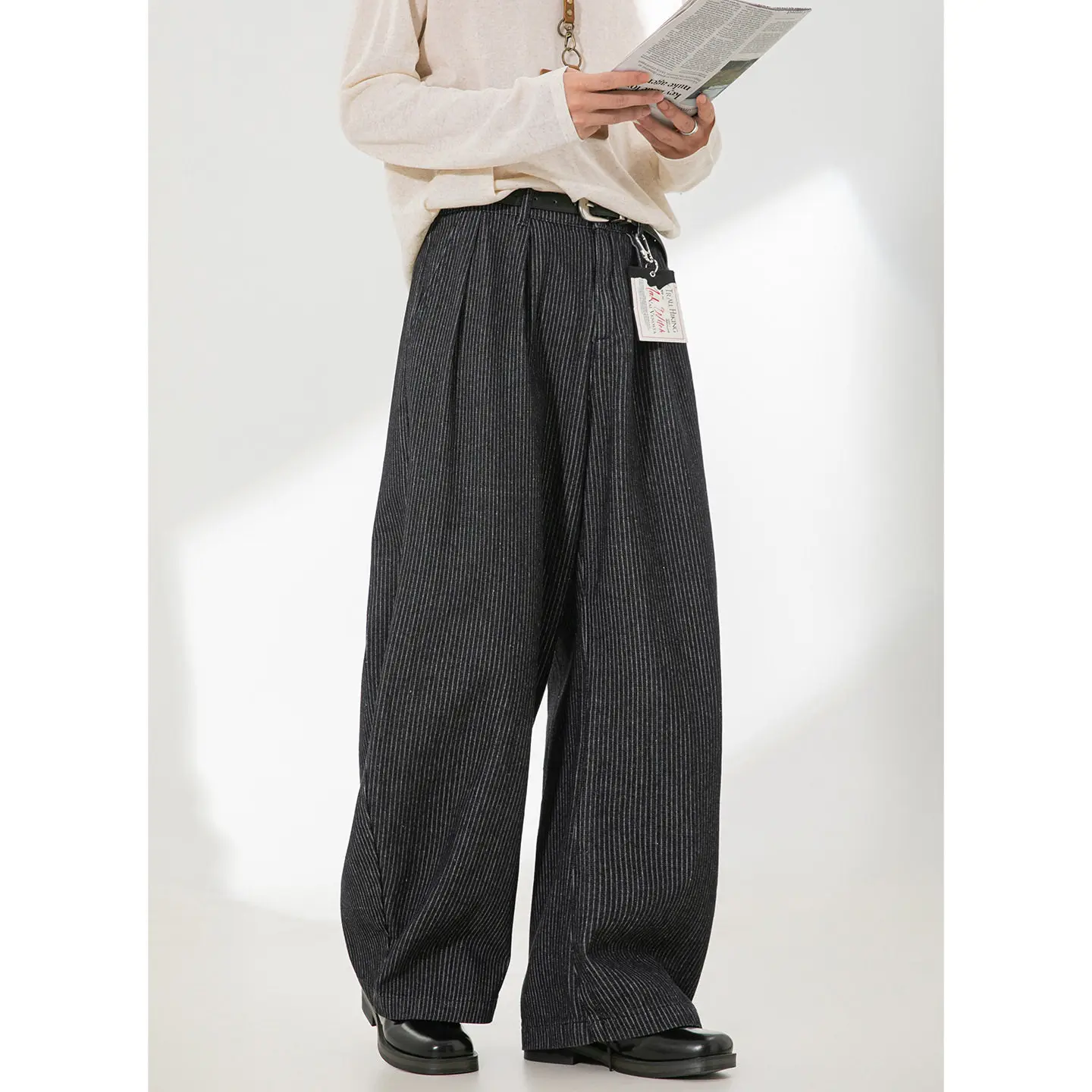 Men's Striped Wide-Leg Pants with Curved Hem – Slimming & Tall-Enhancing Fit, Soft Denim Fabric for Casual Wear