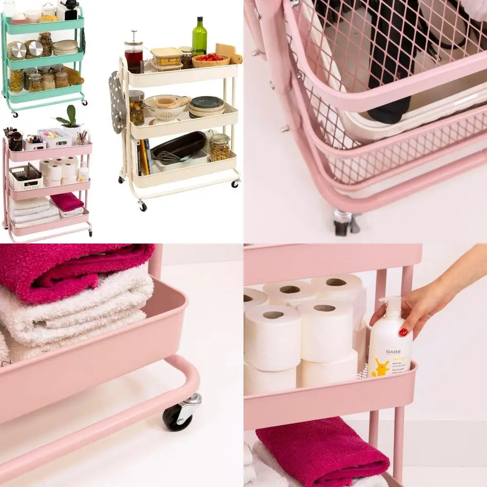 

Розовая 3-ярусная металлическая тележка с поворотными колесами и тормозами, 71,2x61x29 см