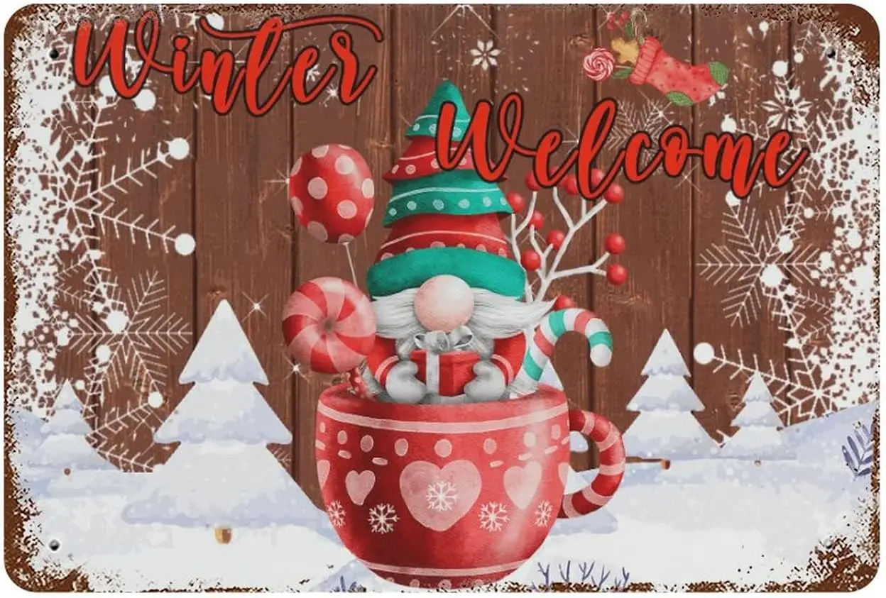 ตลกคริสต์มาสป้ายดีบุกยินดีต้อนรับฤดูหนาว Farmhouse ป้ายโลหะอลูมิเนียมสีแดงและสีดํา Gnome Xmas Home Kitchen Wall ตกแต่ง Ho