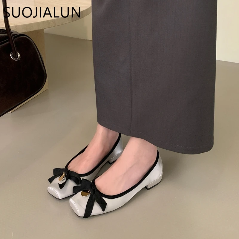 SUOJIALUN 2024 Autumn Women Flat Shoes Ladies Elegant Square Toe Shallow Slip On Ballerinas Shoes Soft Flat Heel Dress Boat Shoe