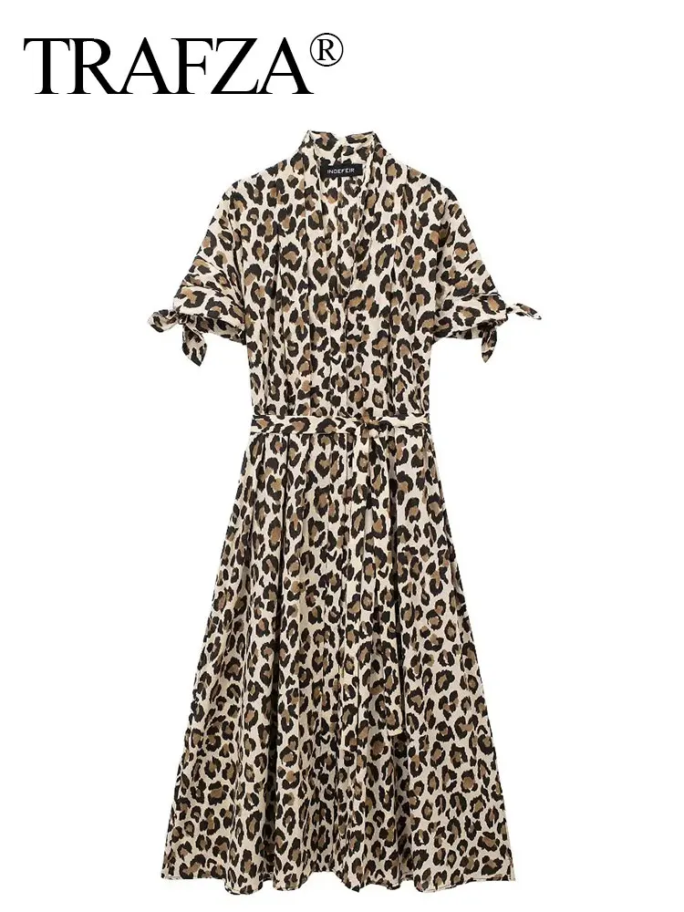 TRAFZA Leopard Print Shirt Dress Women Belt Pleated Midi Dresses for Woman Summer Button Long Dress Female Short Sleeve Dress