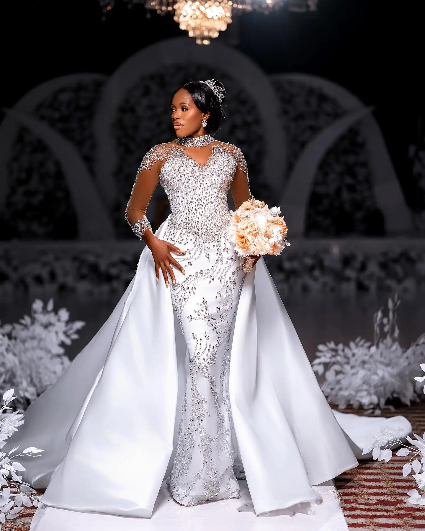 

Customized High Collar Sparkly Crystals Beads Long Sleeves Wedding Dress Satin Arabic African Bridal Gown with Removable Skirt