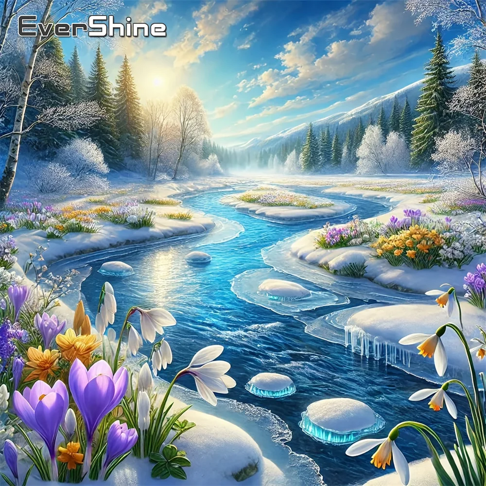 Evershine Vollquadrat Rund Diamant Stickerei Flusslandschaft Mosaik Winter Geeignet für Anfänger Malerei Baum DIY Handwerk