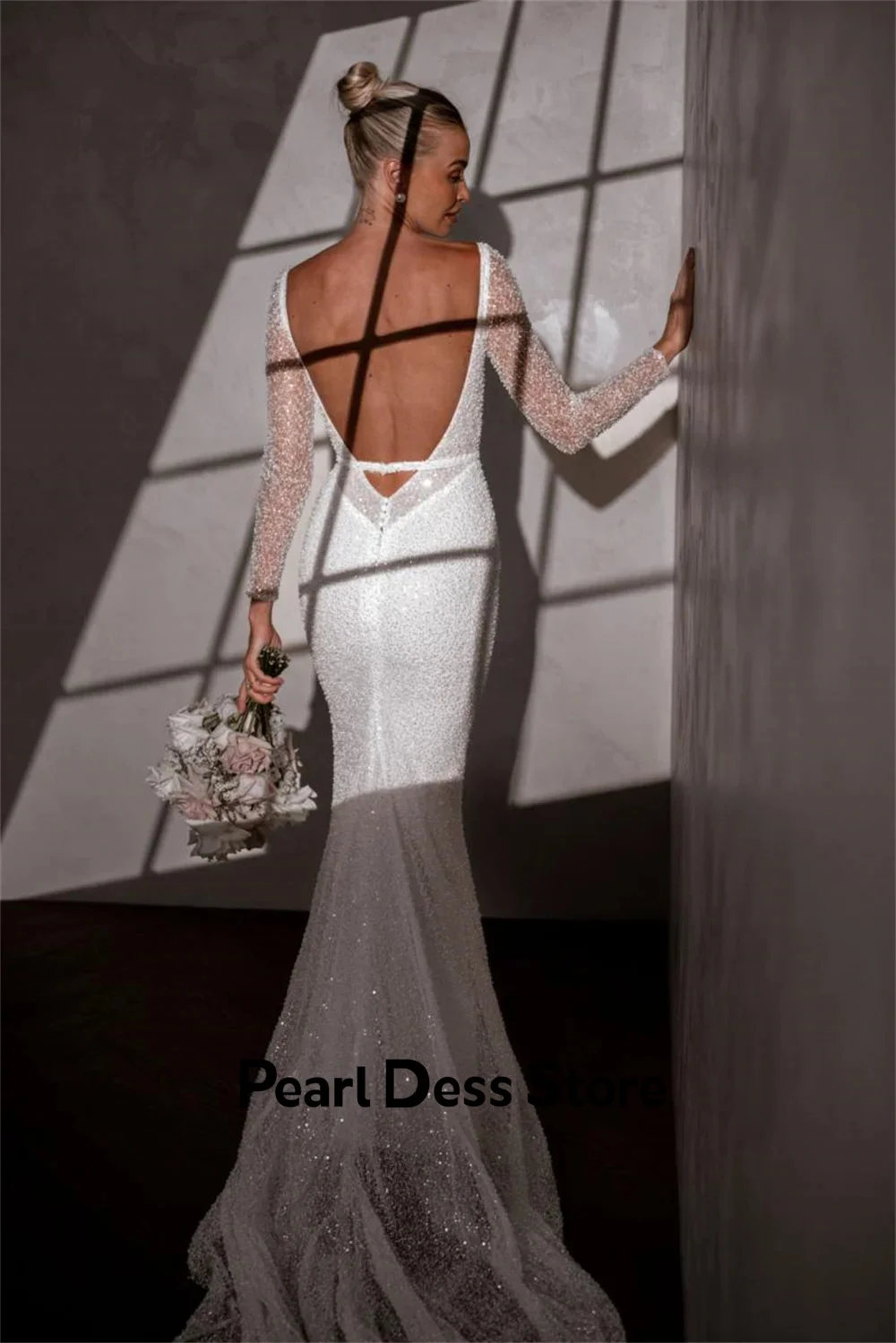 Pearl Backless Dresses Gala Dresses Woman 2024 for Party Fish Tail Luxury Dress for Weddings White Shiny Long Sleeves Ball Gowns