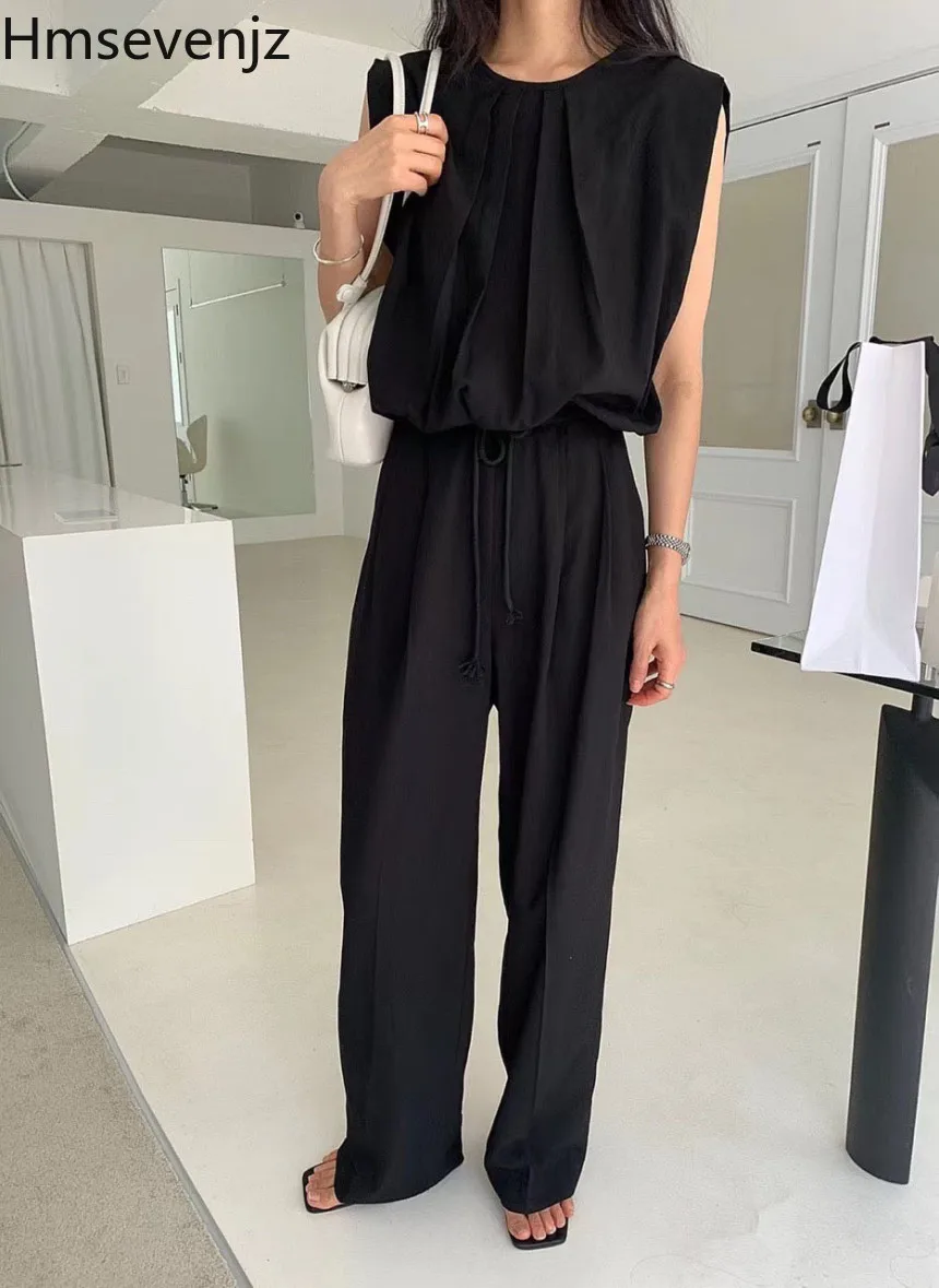 Hmsevenjz Casual กางเกงชุดสตรีฤดูร้อนเสื้อกั๊กเสื้อเอวสูง LACE-up กางเกงขากว้าง 2 ชิ้นชุด