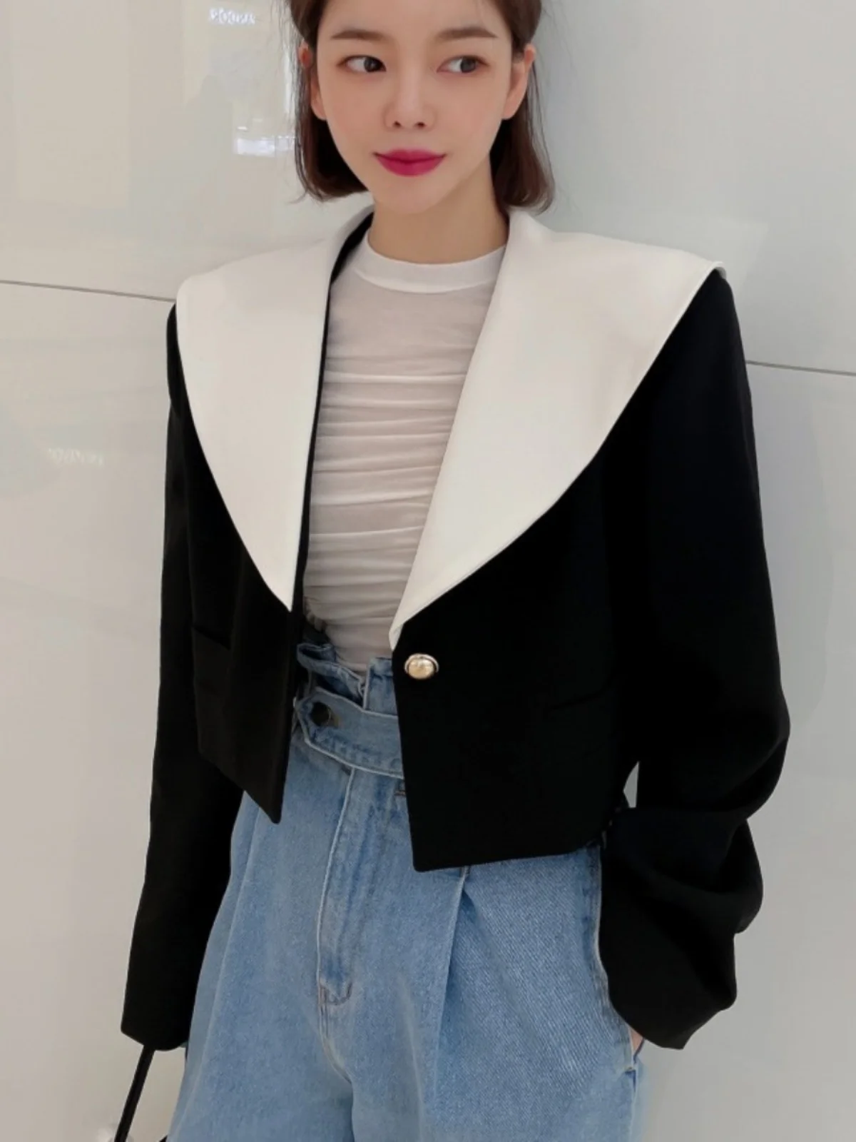 

Chic Color Block Short Suit Jacket Women's Slim Fit One Button Fashion Ageless Small Fragrance Style Long Sleeve Cotton Shirt