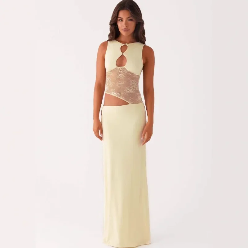 Spring/Summer New Product Fashionable and Sexy Backless Hollow Splicing Slimming Dress European and American Style