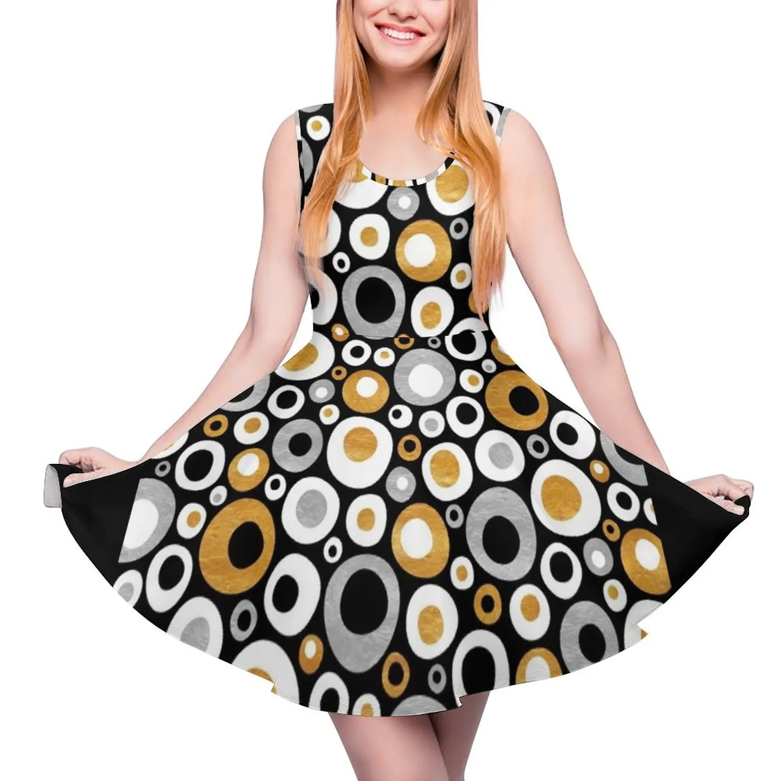 

Funky Mid Century Modern Circles - Gold, Silver, Black, White Sleeveless Dress Evening dresses Womens dresses