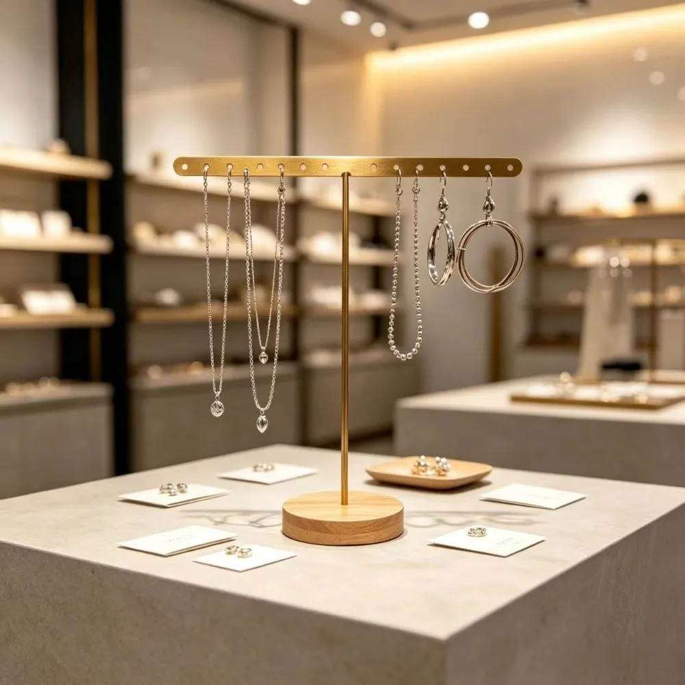 T-Shaped Necklace Storage Rack Iron Frame Round Base Jewelry Display Stand Stable Horizontal Bar Earrings Holder Home Decoration