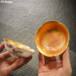 Chinese Dragon and Phoenix Gilded Gold Jianzhan Sheep Fat Jade Porcelain Master Cup Petal Tea Bowl  luxury Tea Gifts Collection