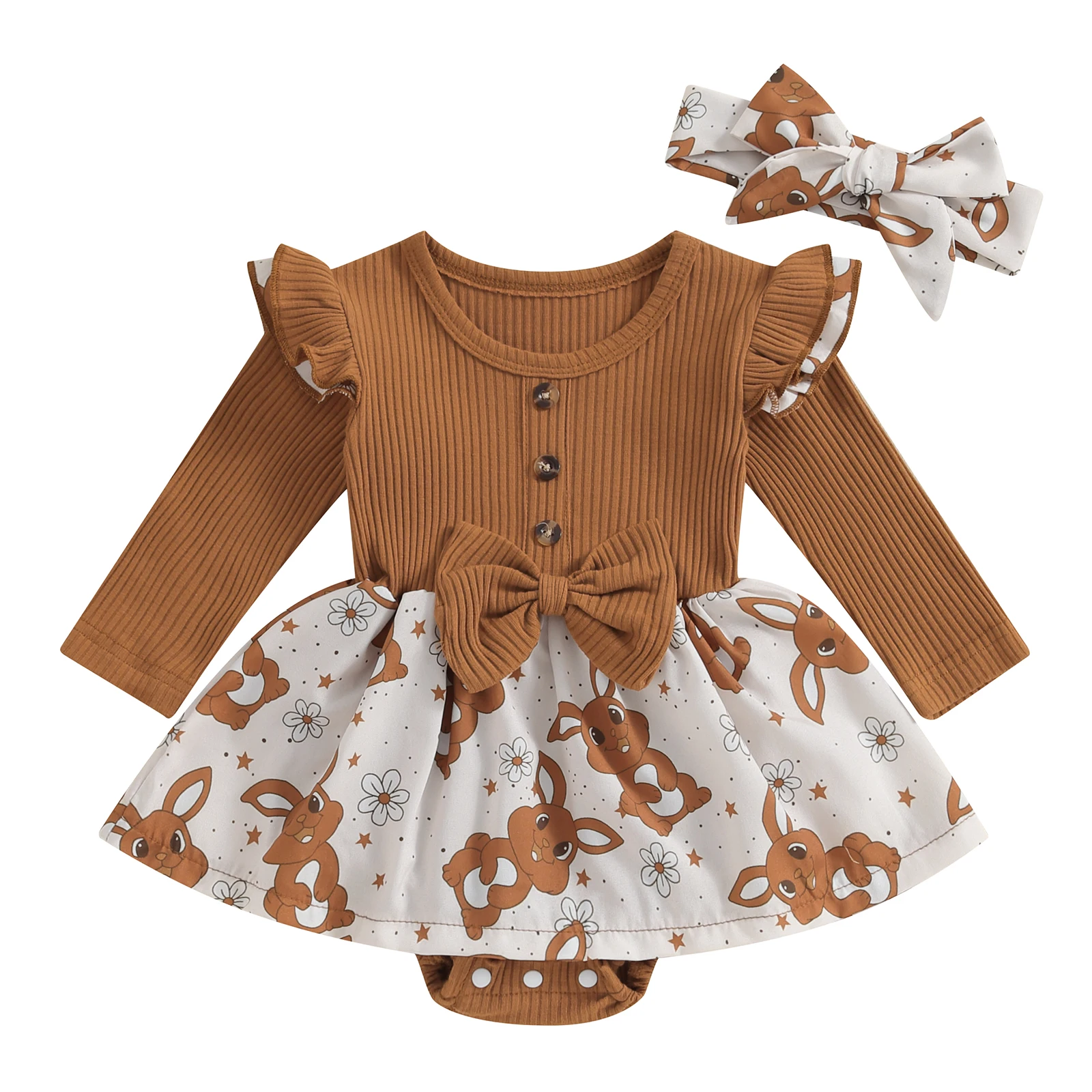 

Baby Girl Easter Outfit, Long Sleeve Crew Neck Bunny Flower Print A-line Romper Dress with Headband Clothes