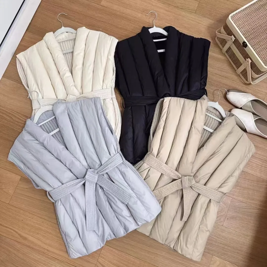 

Модный лоскутный женский жилет на белом утином пуху, шикарный осенне-зимний тонкий хлопковый жилет-пуховик с поясом, верхняя одежда, куртка