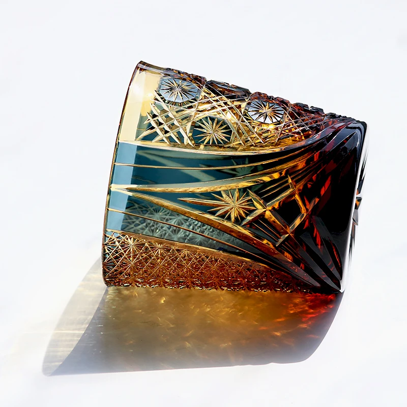 330ml 24% Lead Crystal Whiskey Glass Japanese Style Amber Bluish-green Edo Kiriko Cut Star Flower Cocktail Glass for Bar Party 4