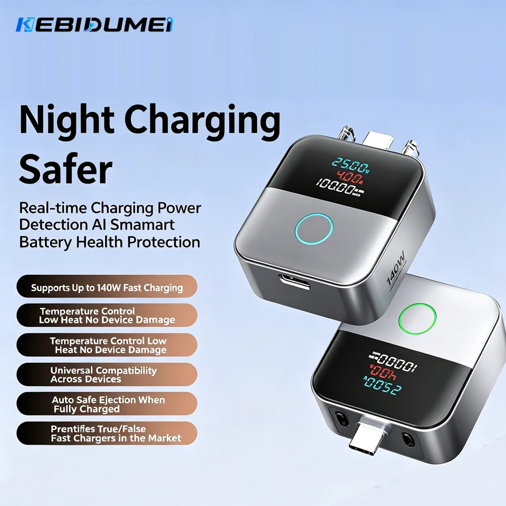 Cabo de Dados KEBIDUMEI 140W com Desligamento Automático Inteligente, Display Digital, Carregamento Rápido Tipo-C e Proteção Contra Sobrecarga