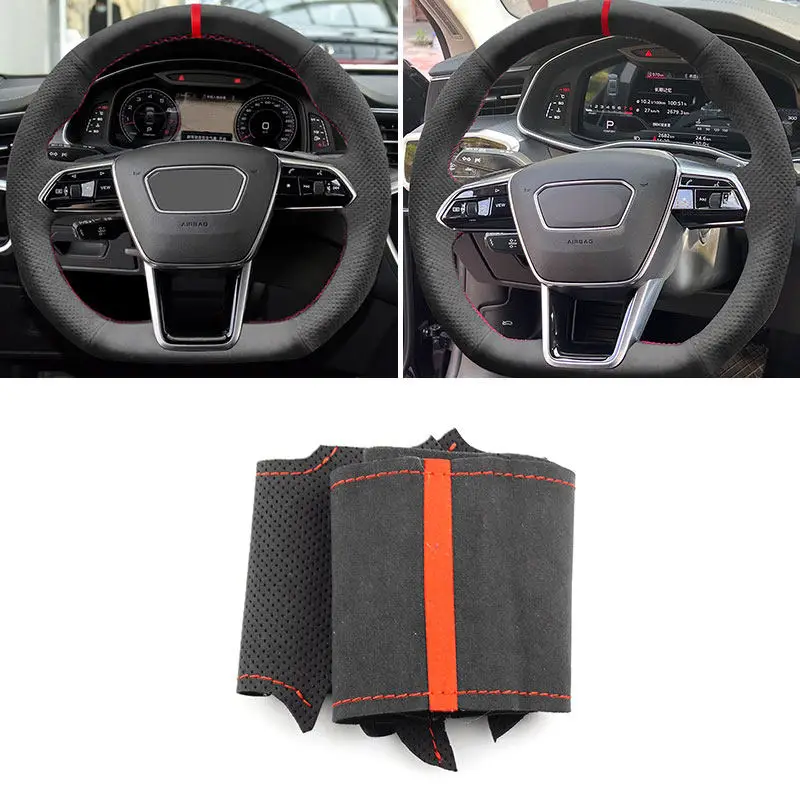 For Audi A6 S6 C8/4K A7 4K8 A8 S8 D5/4N E-Tron 2019-2022 S GT (D Shape Suede Leather Car Steering Wheel Cover Trim red line bar