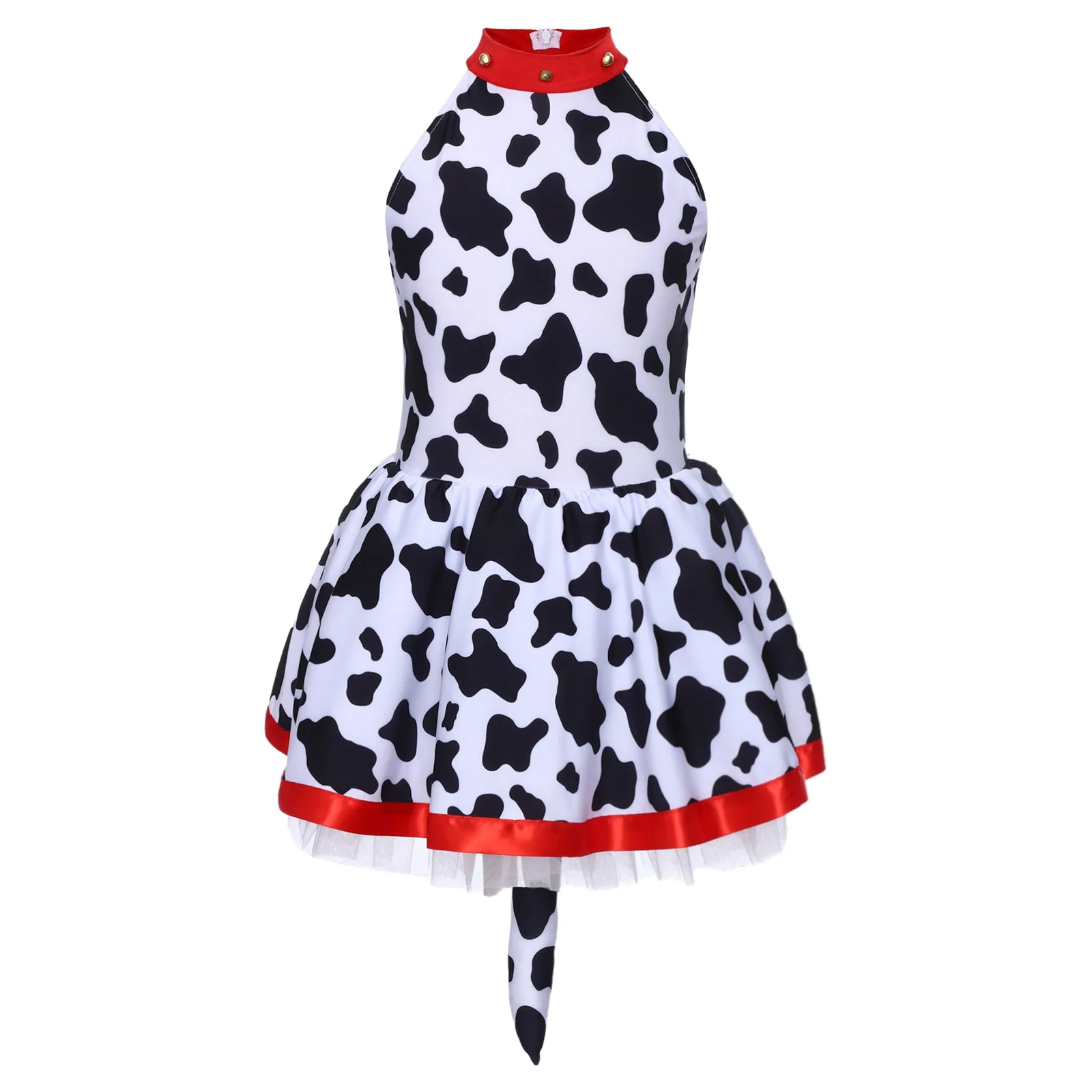 

Little Girls Dalmatian Costume Halloween Theme Party Spotted Dog Cosplay Fancy Dress Up Printed Mesh Dress Leotard with Tail