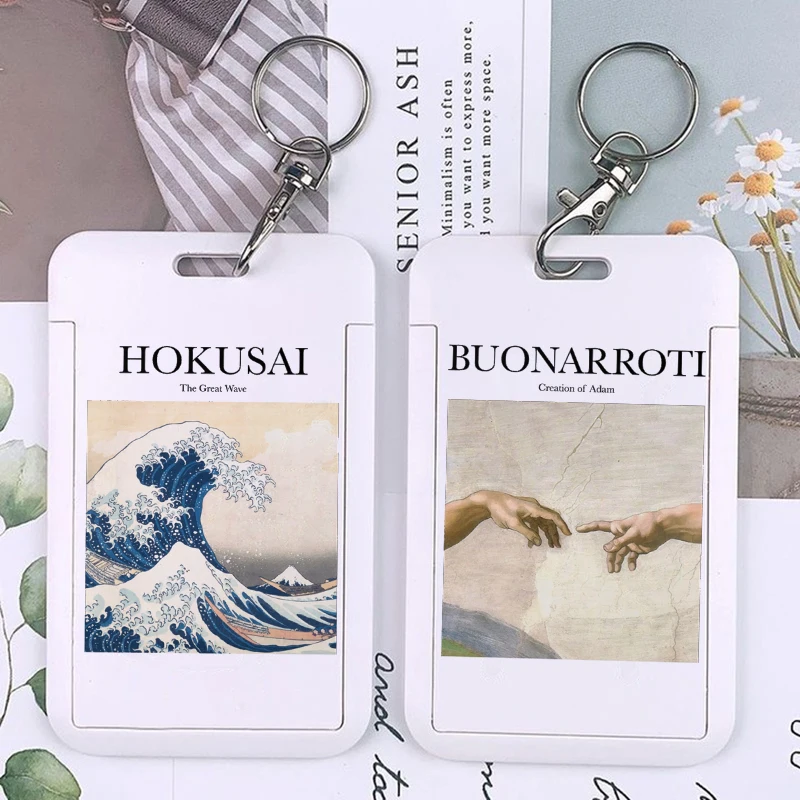 Aesthetic Art Keychain Card Holder Hokusai The Great Wave Keychains Business Holders Bank Bus ID Credit Cards Key Ring Chains