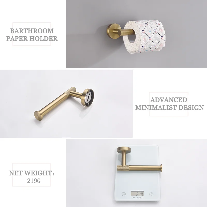 Brushed Gold Brass Knurling Wall Mount Bathroom Accessories Set Hand Towel Bar Rack Toilet Roll Paper Holder Robe Hook Hanger