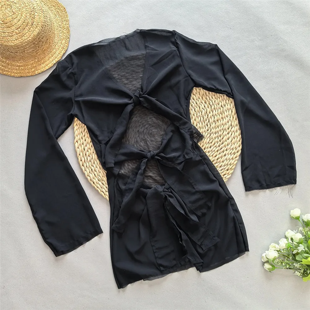 Sexy Black Mesh Knotted Hollow Out Bikini Coverup Dresses Woman 2025 Summer New Holiday Mini Long Sleeve Beach Cover Up Dress