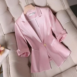 2024 New Spring Summer Women's Blazer Korean One Button Short Casual Three-Quarter Sleeve Office Suit Jacket Women Blazers Tops