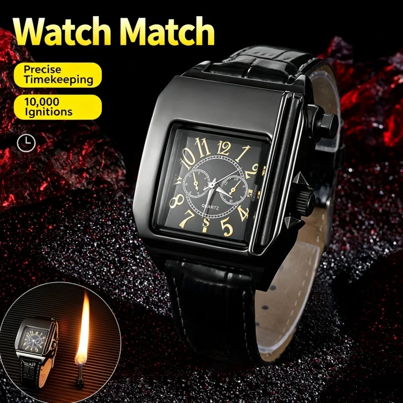 Creative Reusable Match Watch Lighter,Unique 2 In 1 Quartz Wrist Watch & Metal Permanent Match Igniter, Vintage Men Fashion Gift