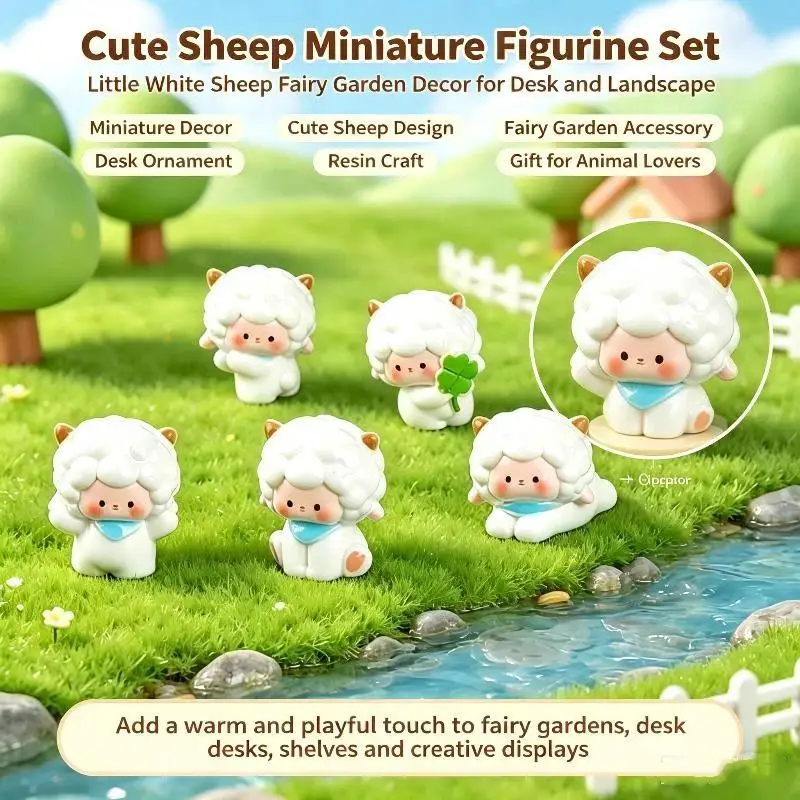 5Pcs Mini Resin Sheep Figurines Cute Cartoon Design For Micro Landscape Windowsill Home Decor
