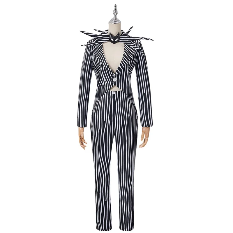 Jack Skeletal Ington Cosplay-Kostüm für Männer und Frauen, gestreiftes Oberteil, Hose, Outfit, Halloween-Party, Uniform-Anzug