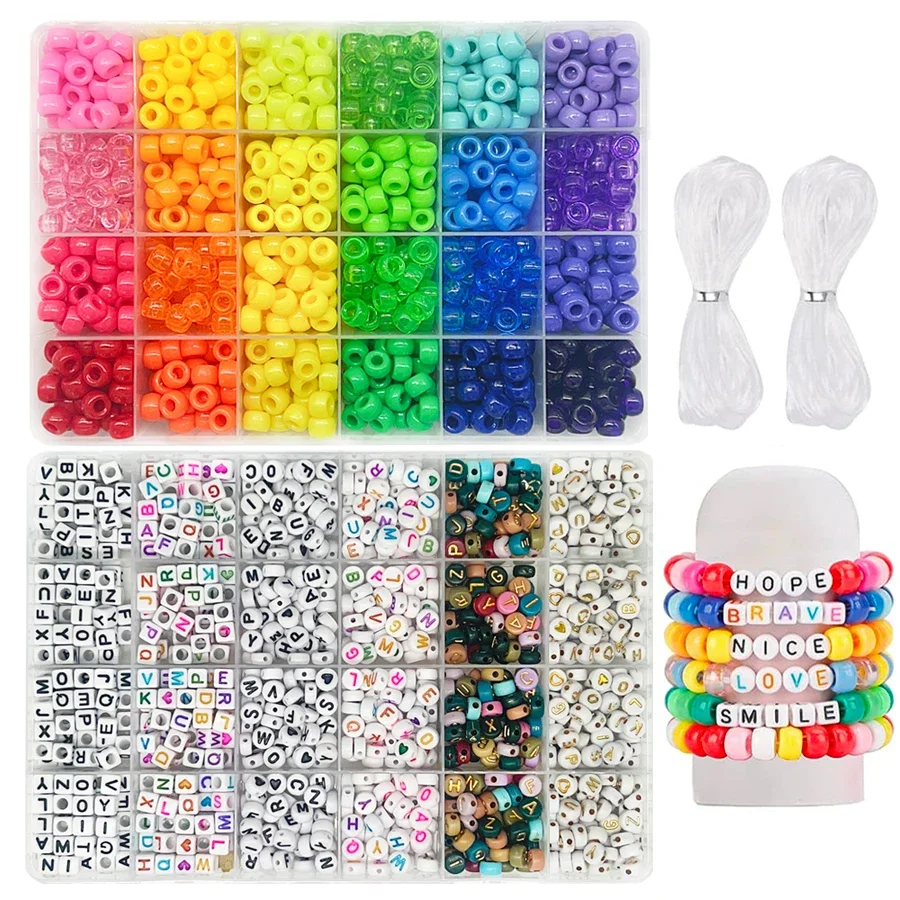 

Pony Beads for Friendship Bracelet Making Kit 24 Colors Kandi Beads Set, 720pcs Plastic Rainbow Bulk and 980pcs Letter Beads wit