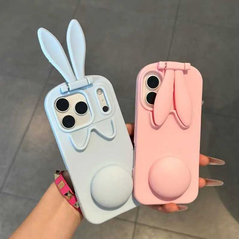 

Phone Case For iPhone 17 16 15 14 13 Pro Max New Korean INS Cartoon Cute 3D Folding Rabbit Ears Shape Pink Blue Protective Cover