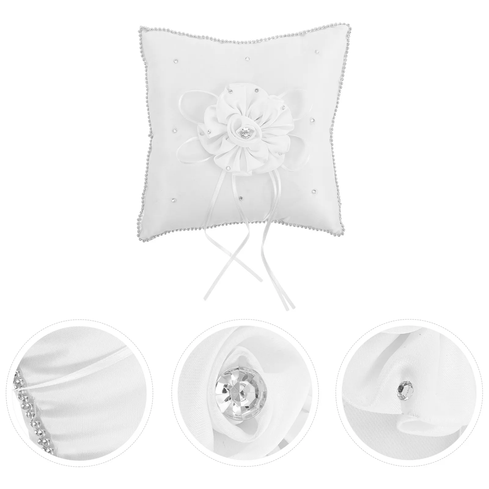 結婚指輪枕-エレガントな正方形の蝶結び-ラインストーン装飾-花柄リングベアラーキッション-セレモニー・婚約用