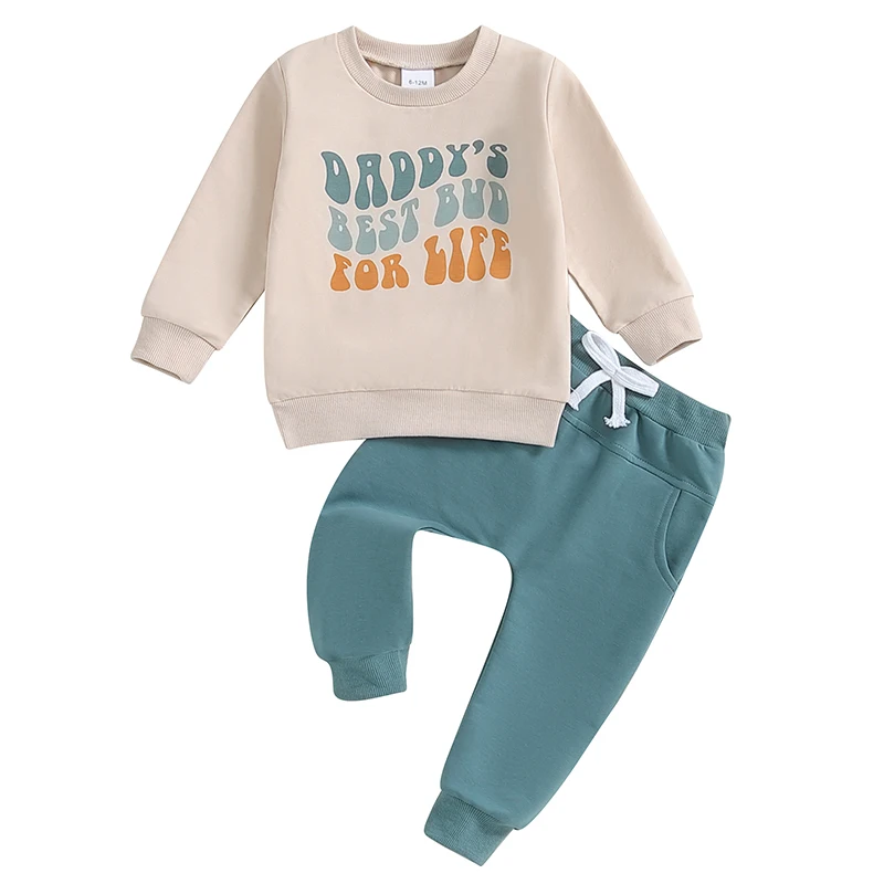 Baby Boy Girl Fall Outfit Letter Print Long Sleeve Sweatshirt Elastic Waist Pants with Pockets 2 Piece Set