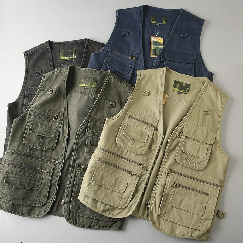 American Retro Multi Pocket Vest For Men Casual Safari Style V-neck Sleeveless Jacket Cargo Style Letter Embroidered Vest Coat