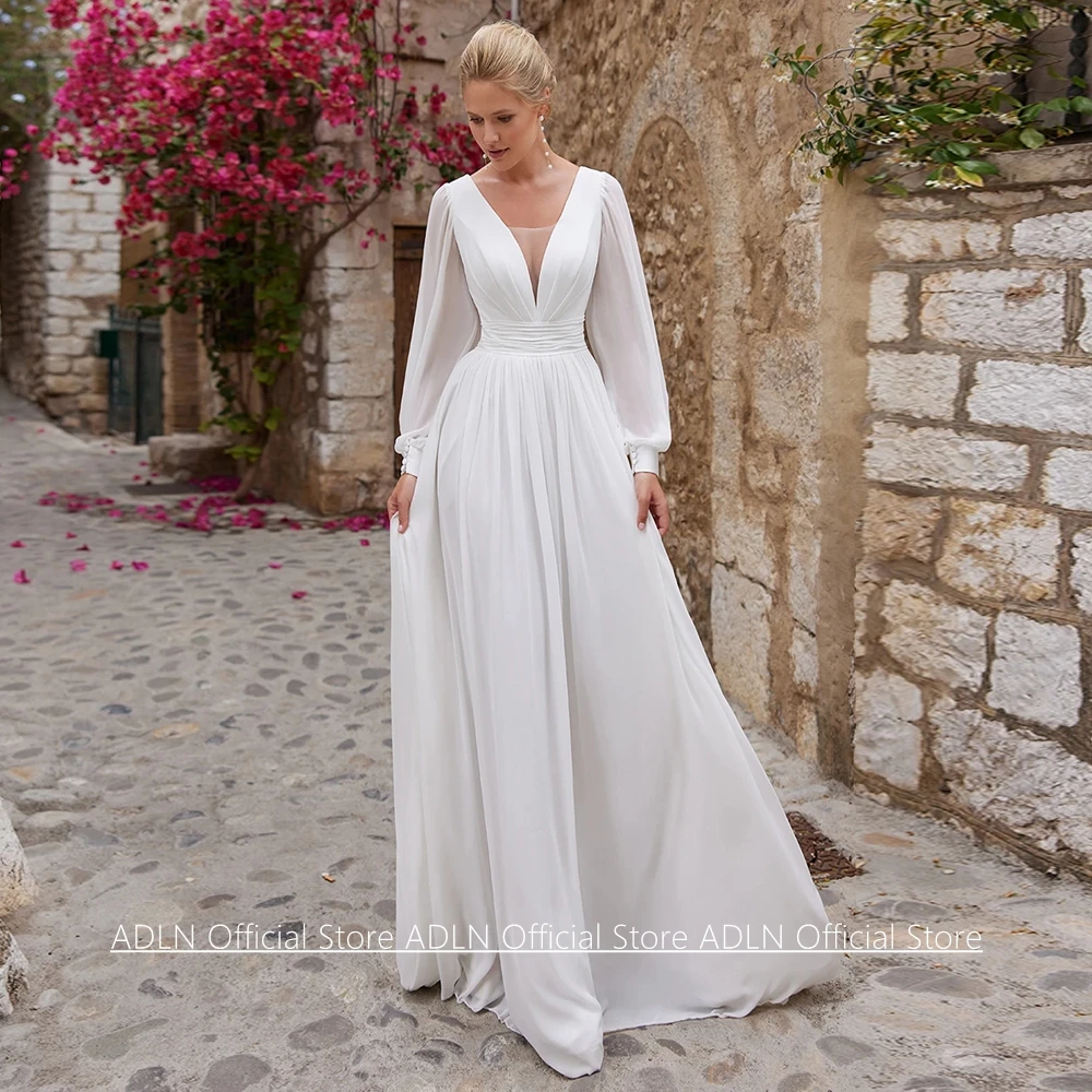 Custom Double V-Neck A-Line Beach Wedding Dress with Puff Sleeves
