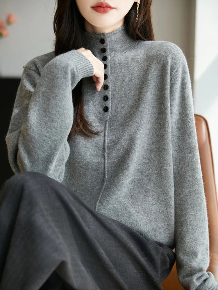 

Women's Loose Knitted Sweater f High Collar Button Design Slimming Base Layer irt Inner Wear Casual Sle Long Sve