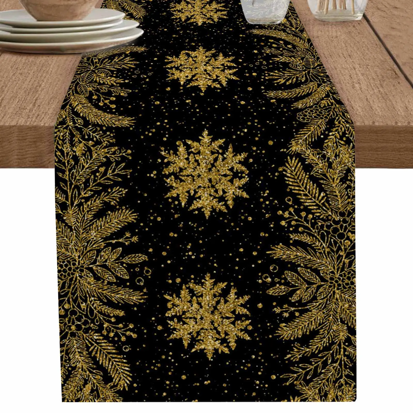 

Table Runner Black Gold Christmas Snowflake Pine Home Coffee Tablecloth Kitchen Decorative Outdoor Indoor Party Table Decor