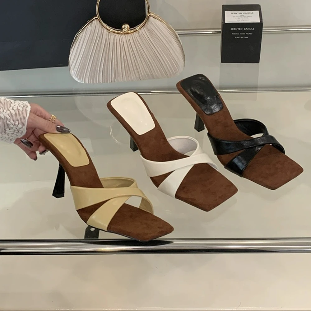 المرأة ساحة المفتوحة تو الصيف الكعوب البغال عبر حزام الانزلاق على 2.76 بوصة هريرة الكعب الصنادل خنجر عالية الكعب النعال